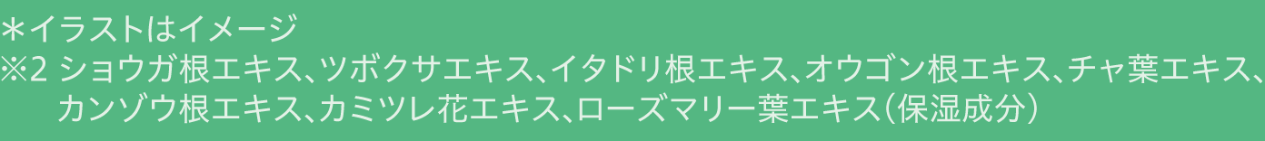 ＊イラストはイメージ ※2 ショウガ根エキス、ツボクサエキス、イタドリ根エキス、オウゴン根エキス、チャ葉エキス、カンゾウ根エキス、カミツレ花エキス、ローズマリー葉エキス（保湿成分）