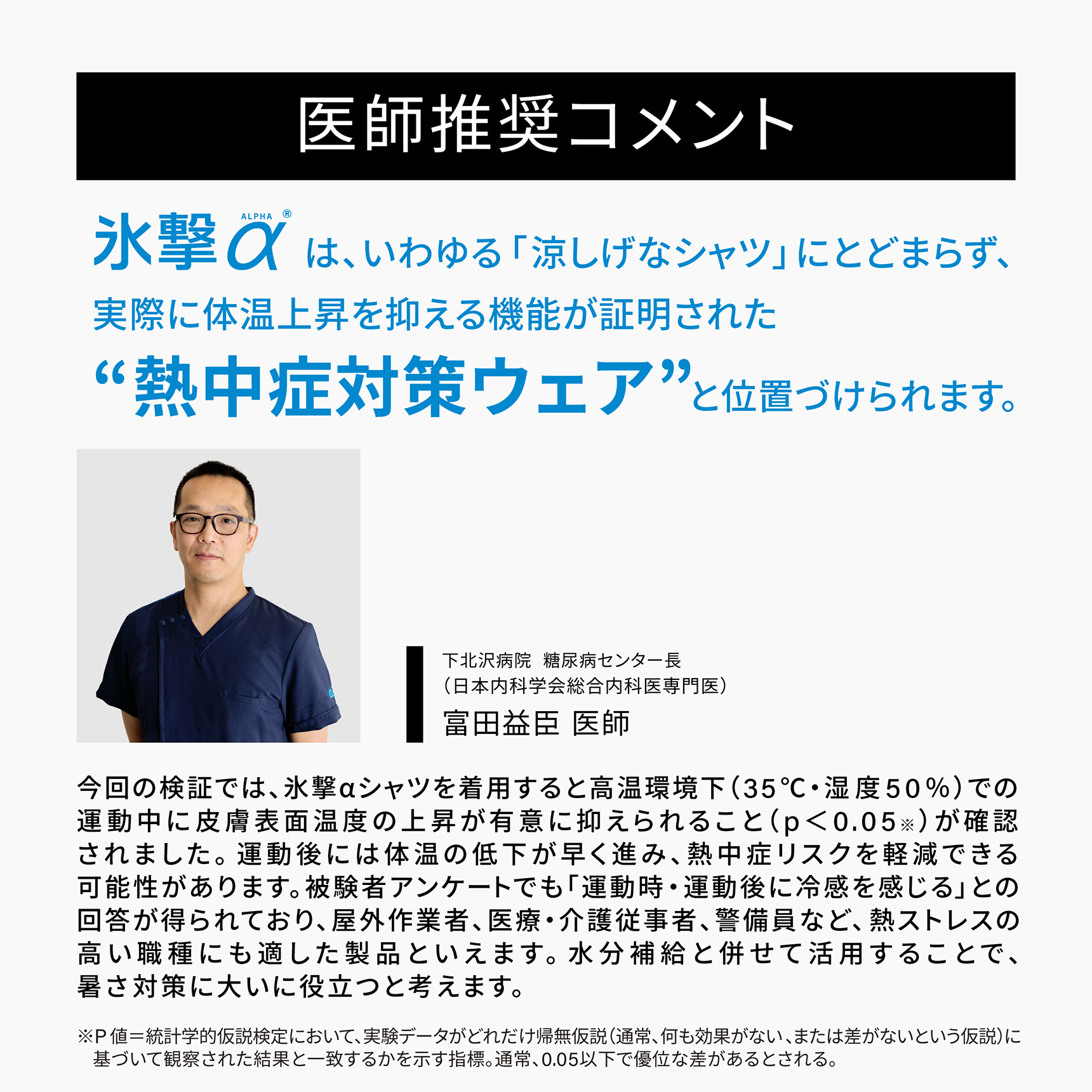 医師推奨コメント 氷撃αは、いわゆる「涼しげなシャツ」にとどまらず、実際に体温上昇を抑える機能が証明された“熱中症対策ウェア”と位置づけられます。 下北沢病院  糖尿病センター長（日本内科学会総合内科医専門医） 富田益臣 医師 今回の検証では、氷撃αシャツを着用すると高温環境下（35℃・湿度50％）での運動中に皮膚表面温度の上昇が有意に抑えられること（p＜0.05※）が確認されました。運動後には体温の低下が早く進み、熱中症リスクを軽減できる可能性があります。被験者アンケートでも「運動時・運動後に冷感を感じる」との回答が得られており、屋外作業者、医療・介護従事者、警備員など、熱ストレスの高い職種にも適した製品といえます。水分補給と併せて活用することで、暑さ対策に大いに役立つと考えます。