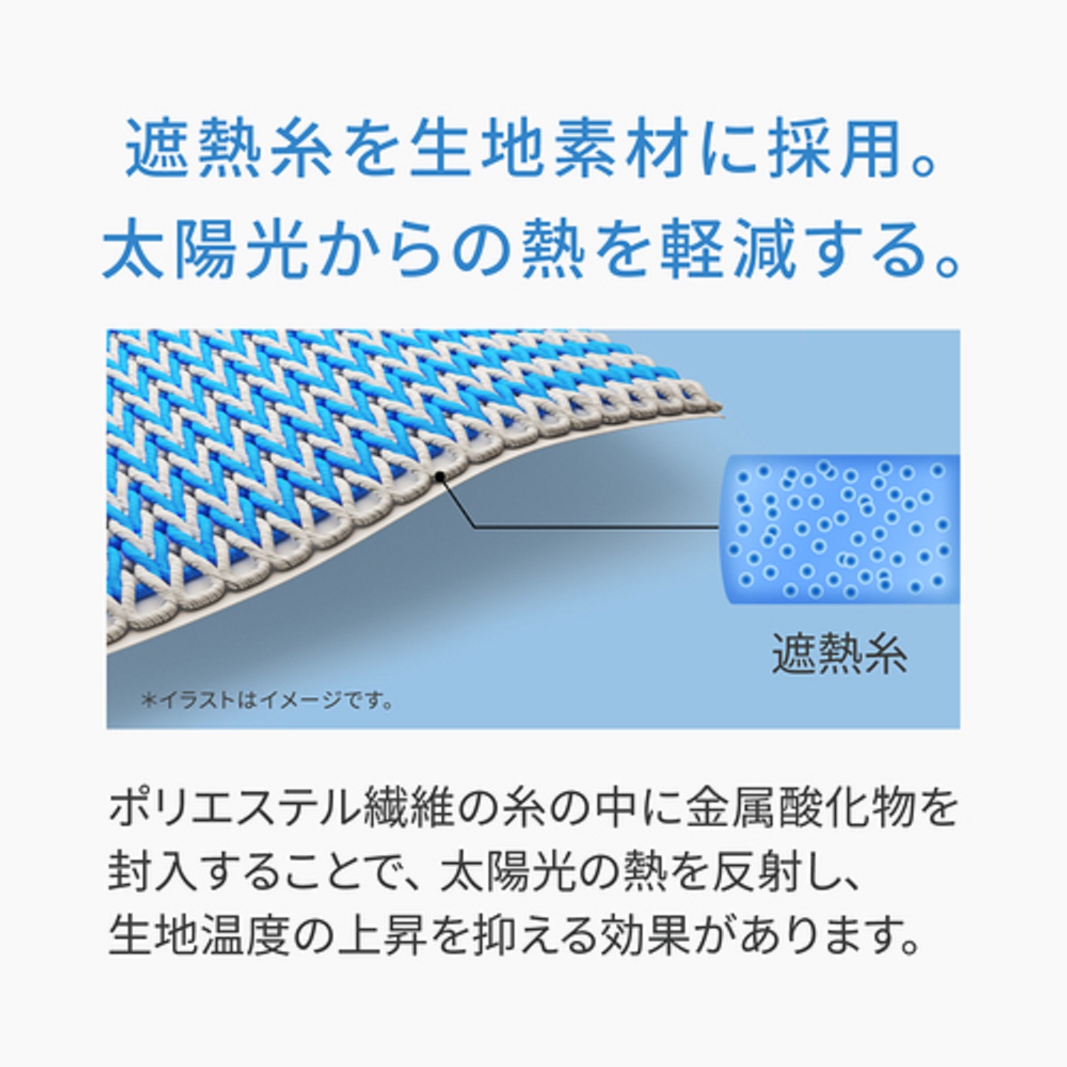 FREEZE TECH 氷撃α　遮熱糸を生地素材に採用。太陽光からの熱を軽減する。ポリエステル繊維の糸の中に金属酸化物を封入することで、太陽光の熱を反射し、生地温度の上昇を抑える効果があります。