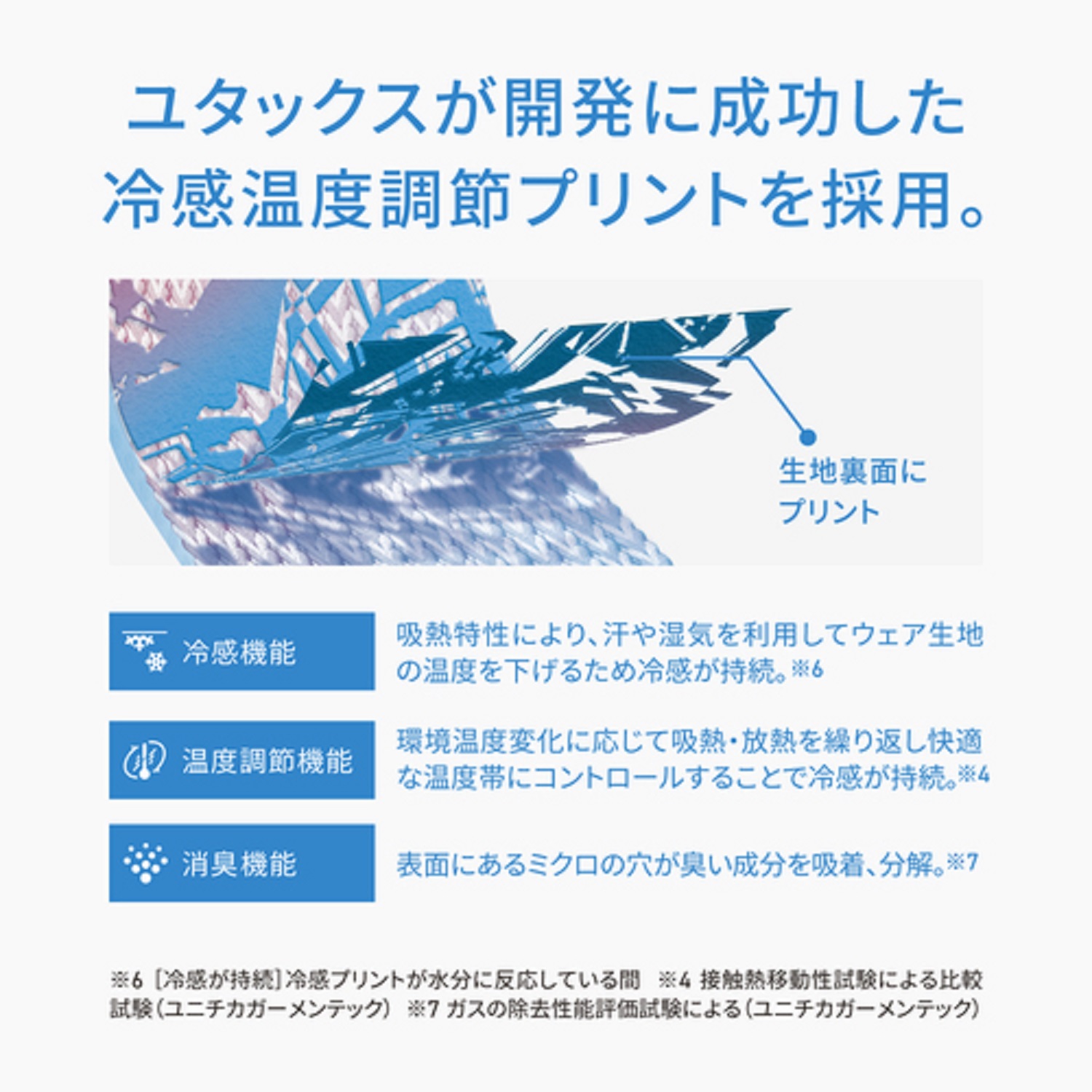 FREEZE TECH 氷撃α　ユタックスが開発に成功した冷感温度調節プリントを採用。 冷感機能・温度調節機能・消臭機能