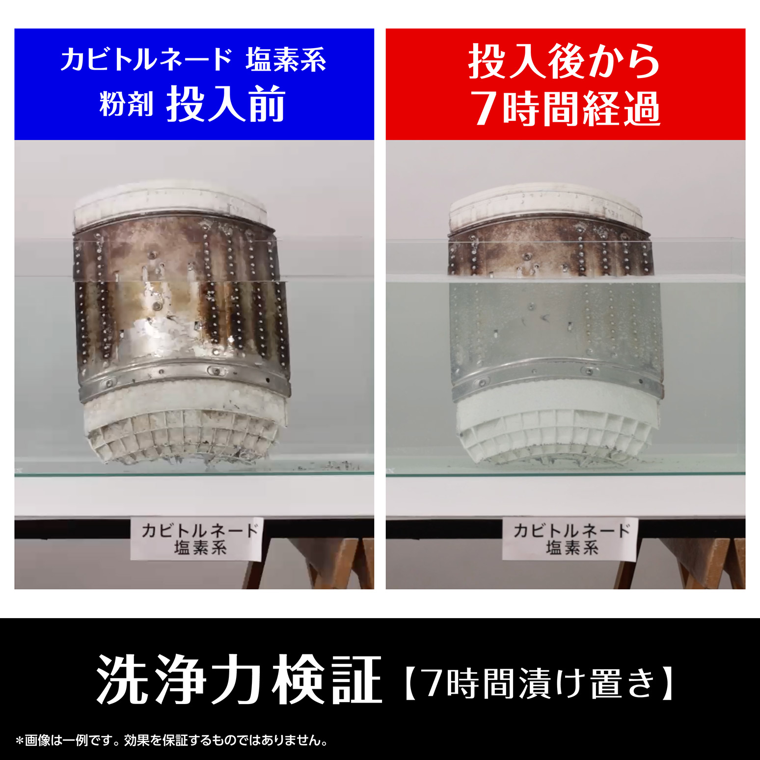カビトルネード 塩素系 粉剤投入前　→ 投入後から7時間経過　洗浄力検証【7時間漬け置き】