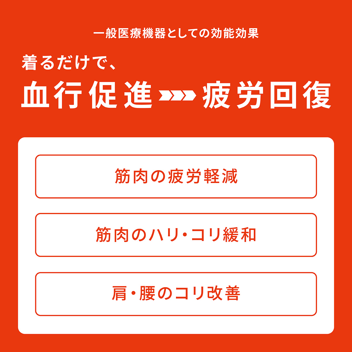 一般医療機器としての効能効果 着るだけで、血行促進→疲労回復 筋肉の疲労軽減/筋肉のハリ・コリ緩和/肩・腰のコリ改善