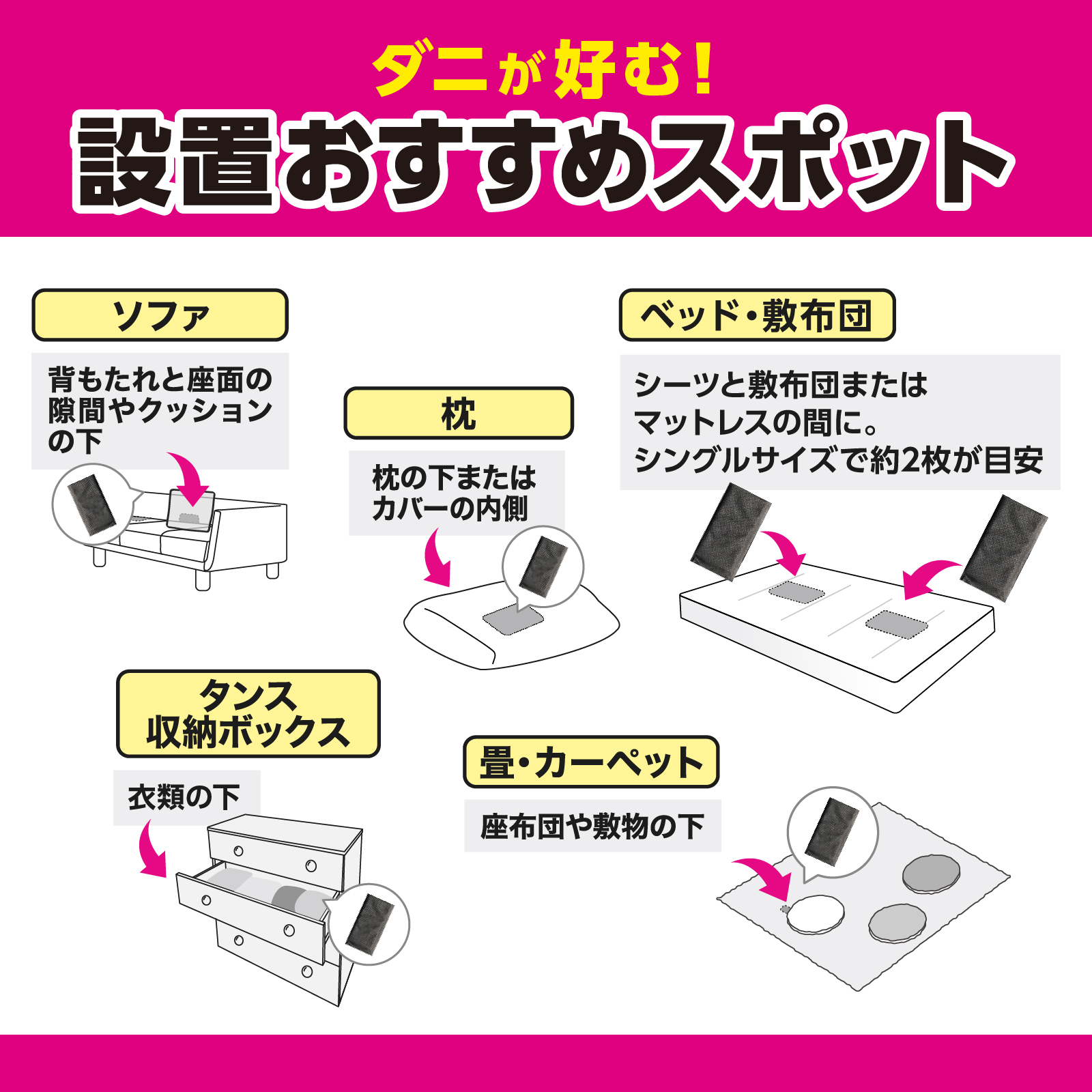 ダニが好む！設置おすすめスポット　ソファ　枕　ベッド・敷布団　タンス 収納ボックス　畳・カーペット