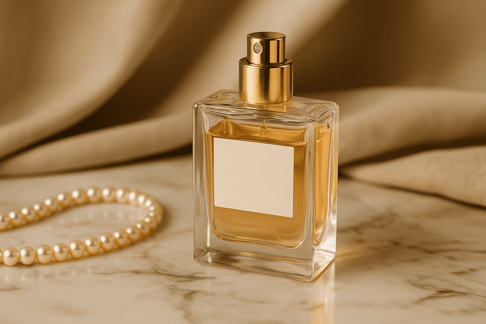 髪に香りをまとう女性の後ろ姿と香水ボトルの優雅なイメージ