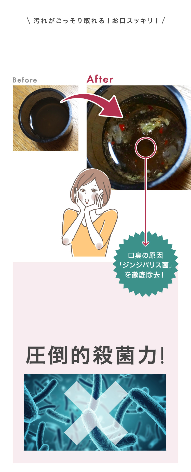 汚れがごっそり取れる！お口スッキリ！