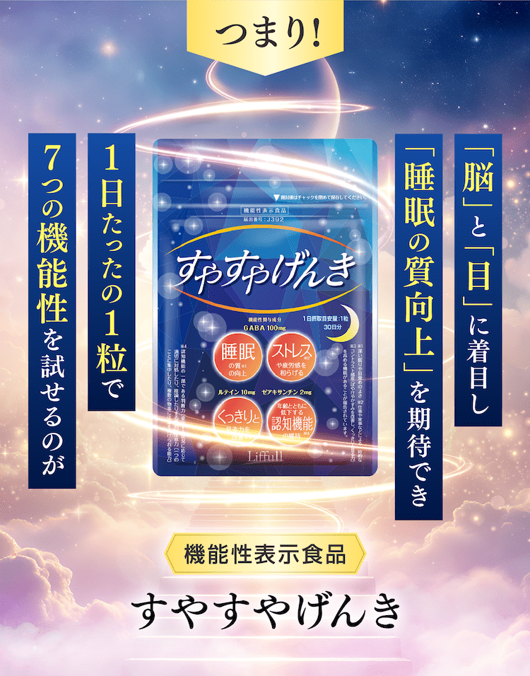 脳と目に着目し睡眠の質向上を期待でき1日たったの1粒で7つの機能性を試せるのがすやすやげんき