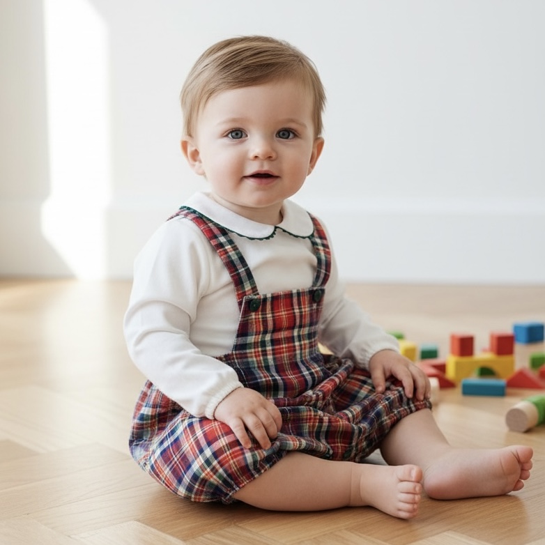  【Last 12M】 Red Tartan オーバーオール＆シャツ セットアップ｜Belan サイズ: 12M(80cm）