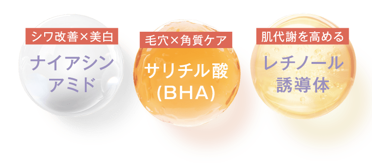 ナイアシンアミド、サリチル酸(BHA)、レチノール誘導体