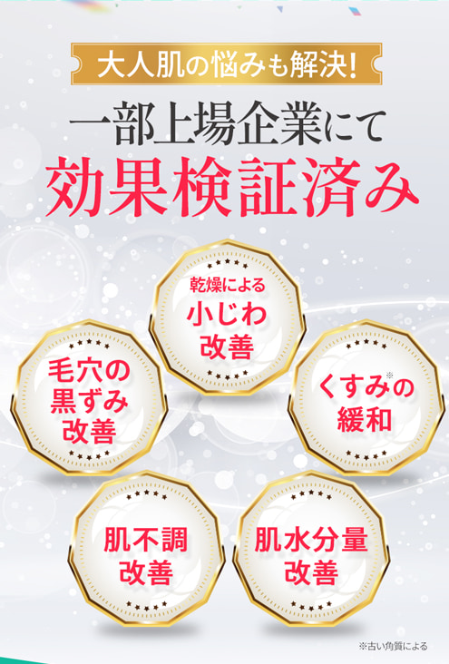 大人肌の悩みも解決 一部上場企業にて効果検証済み