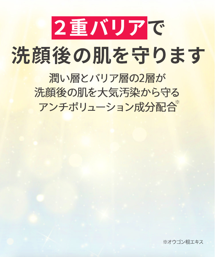 2重バリアで洗顔後の肌を守ります 潤い層とバリア層の2層が洗顔後の肌を大気汚染から守るアンチポリューション成分配合