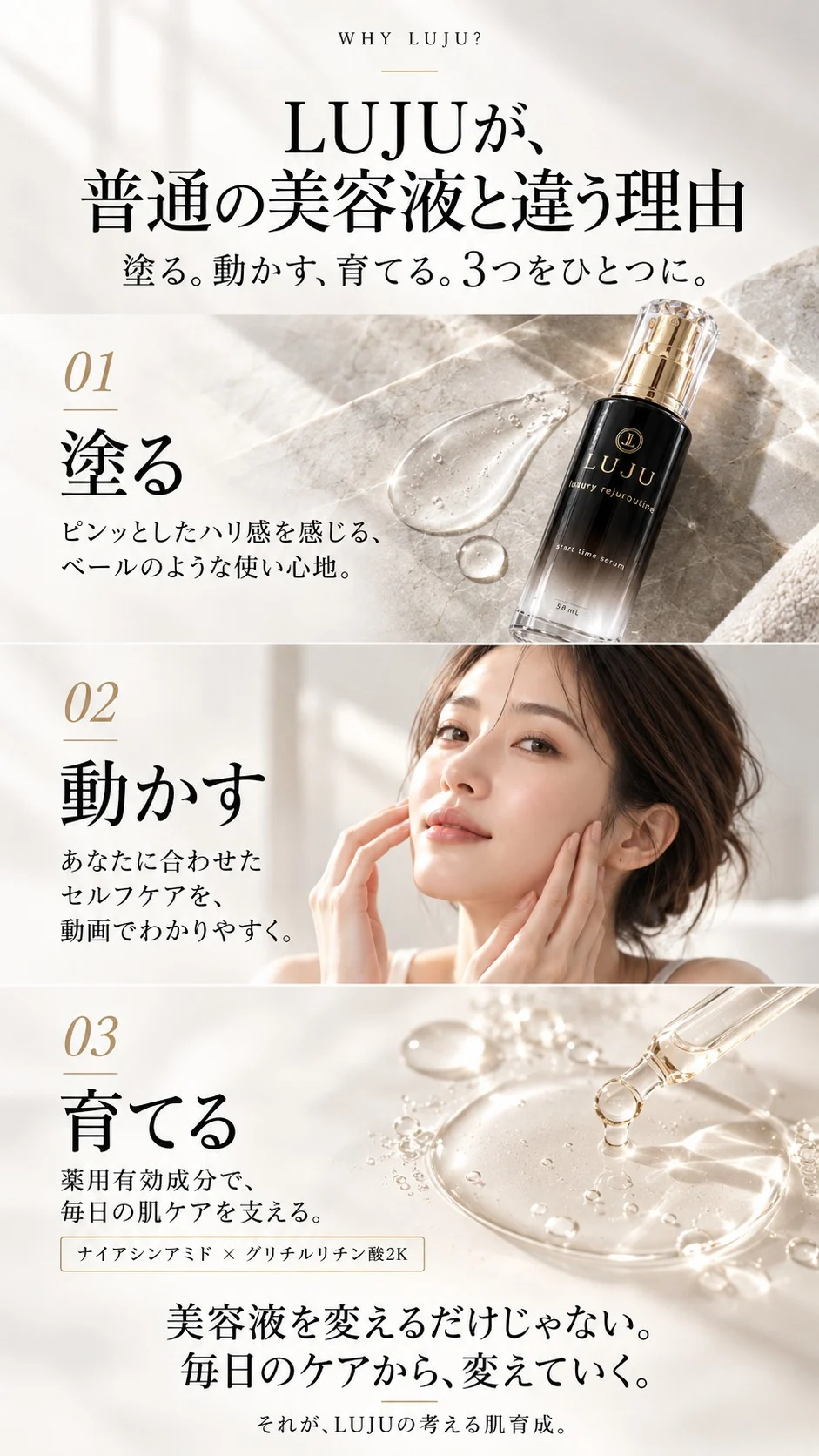 LUJUが、普通の美容液と違う理由。塗る。動かす、育てる。3つをひとつに。01 塗る：ピンッとしたハリ感を感じる、ベールのような使い心地。02 動かす：あなたに合わせたセルフケアを、動画でわかりやすく。03 育てる：薬用有効成分で、毎日の肌ケアを支える。