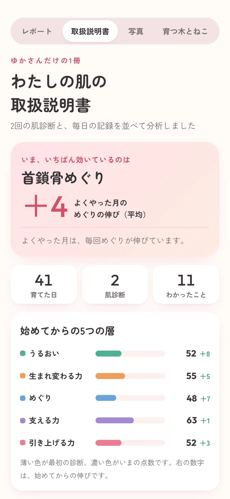 記録がたまる「わたしの肌の取扱説明書」の画面