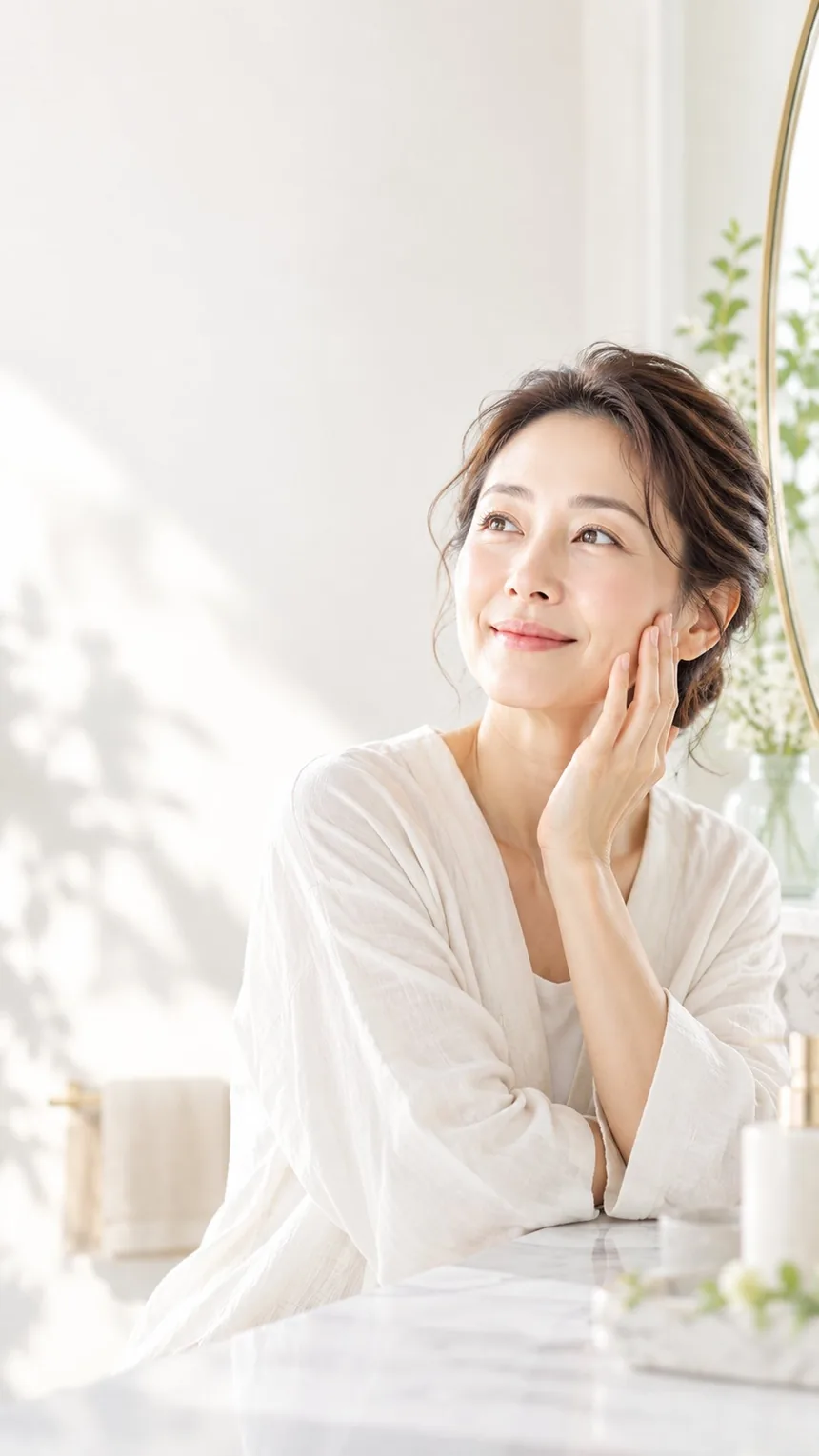 朝の光の中で、頬に手を添えてほほ笑む女性