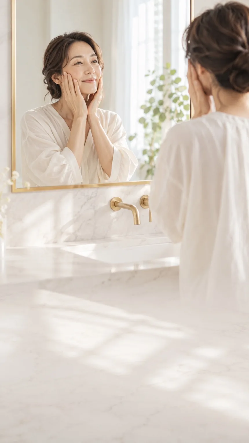 鏡の前で、両手を頬に添えてほほ笑む女性