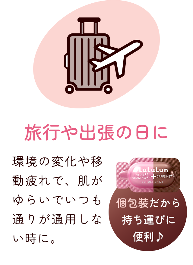 旅行や出張の日に 環境の変化や移動疲れで、肌がゆらいでいつも通りが通用しない時に。個包装だから持ち運びに便利♪