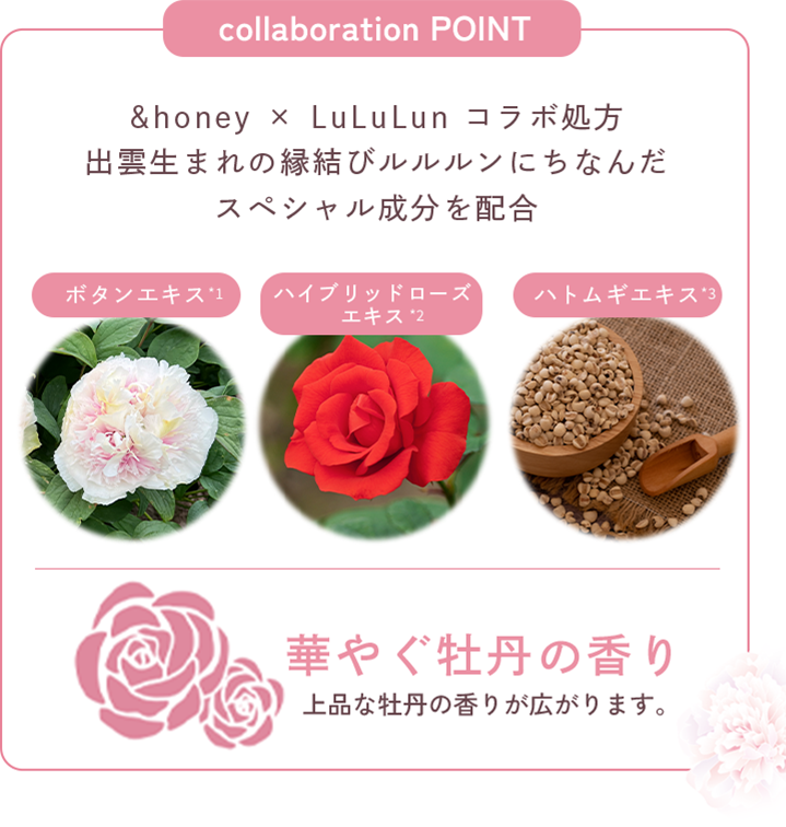 コラボポイント &ハニー x LuLuLun コラボ処方 出雲生まれの縁結びルルルンのスペシャル成分を配合 ボタンエキス*1 ハイブリッドローズエキス*2 ハトムギエキス*3