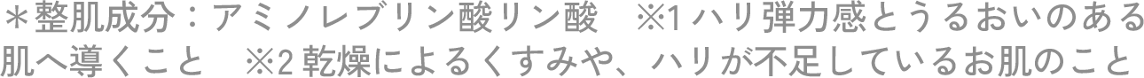 ＊整肌成分:アミノレブリン酸リン酸 ※1 ハリ弾力感とうるおいのある肌へ導くこと ※2 乾燥によるくすみやハリが不足している肌のこと