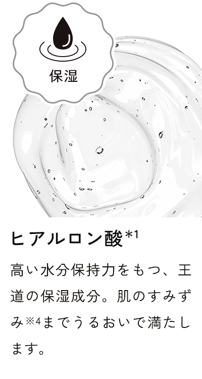 ヒアルロン酸*5 高い水分保持力をもつ、王道の保湿成分。肌のすみずみ※4までうるおいで満たします。