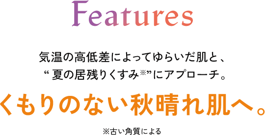 Features 気温の高低差によってゆらいだ肌と、”夏の居残りくすみ※”にアプローチ ※古い角質による