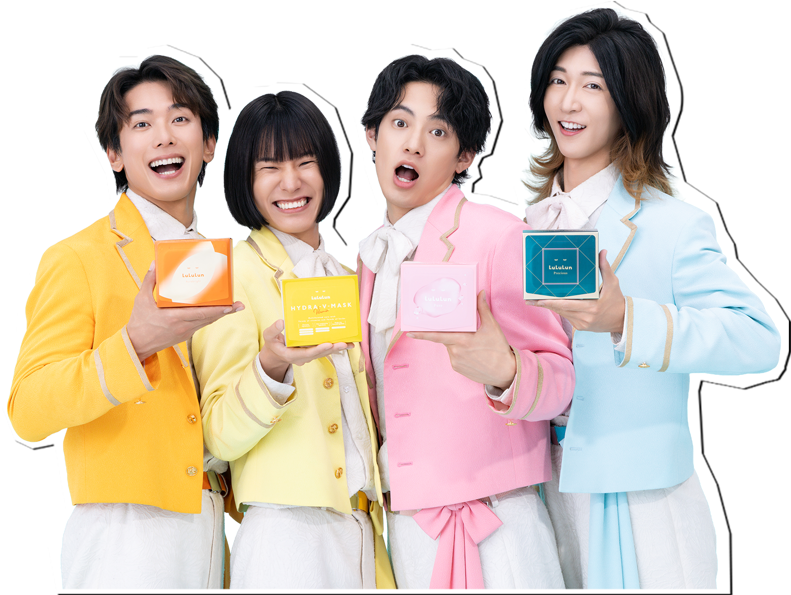 ルルルンのフェイスマスクを手にするモナキのメンバー4人