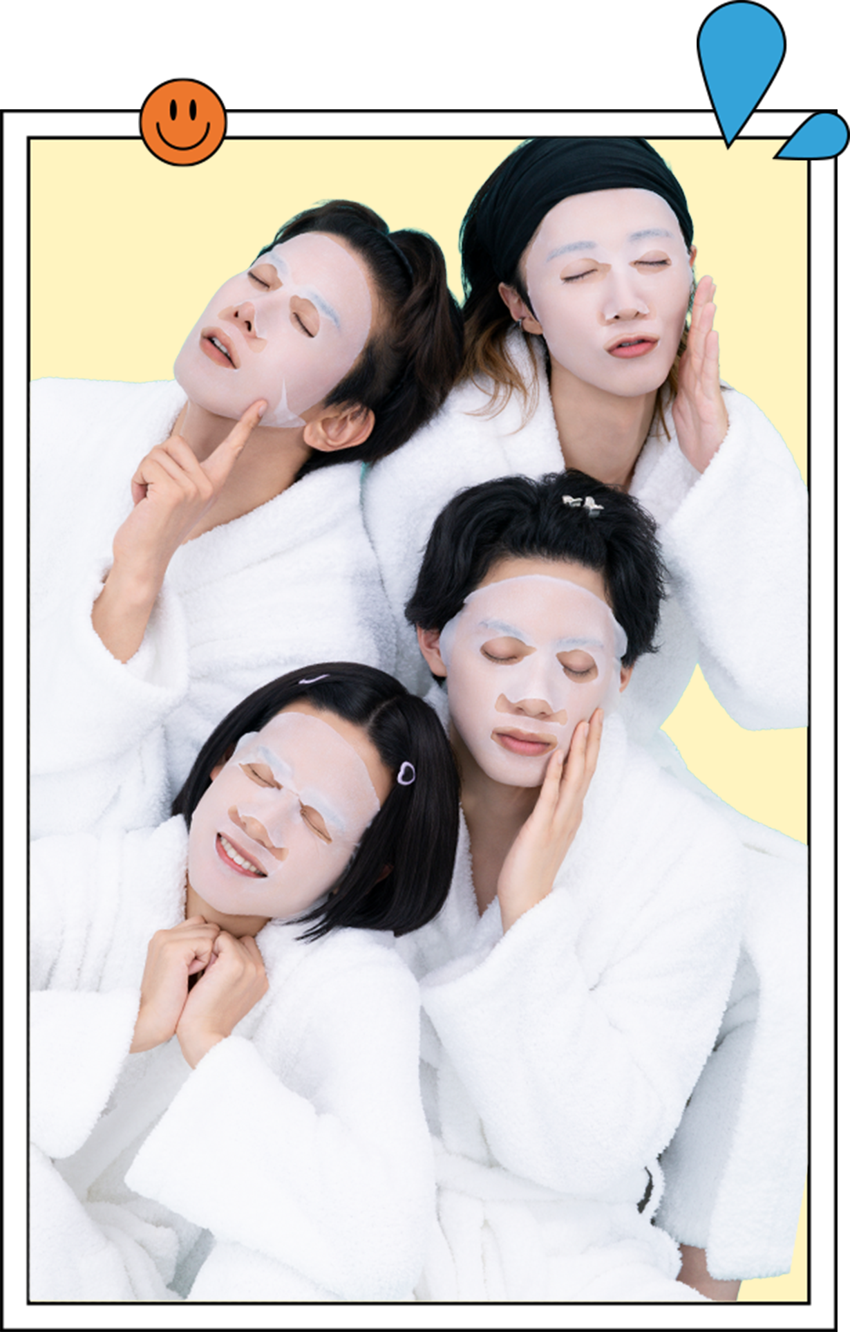 フェイスマスクをつけてリラックスするモナキのメンバー4人
