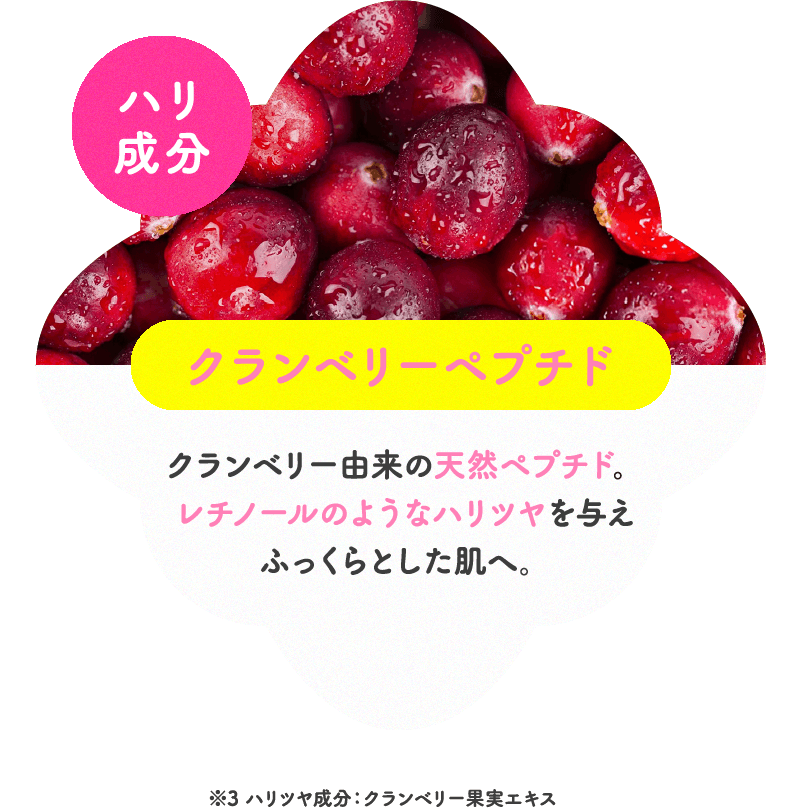 ハリ成分 クランベリーペプチド クランベリー由来の天然ペプチド。レチノールのようなハリツヤを与えふっくらとした肌へ。