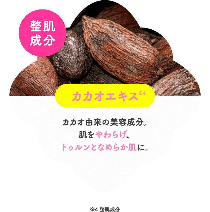 整肌成分 カカオエキス カカオ由来の美容成分。肌をやわらげ、トゥルンとなめらか肌に。