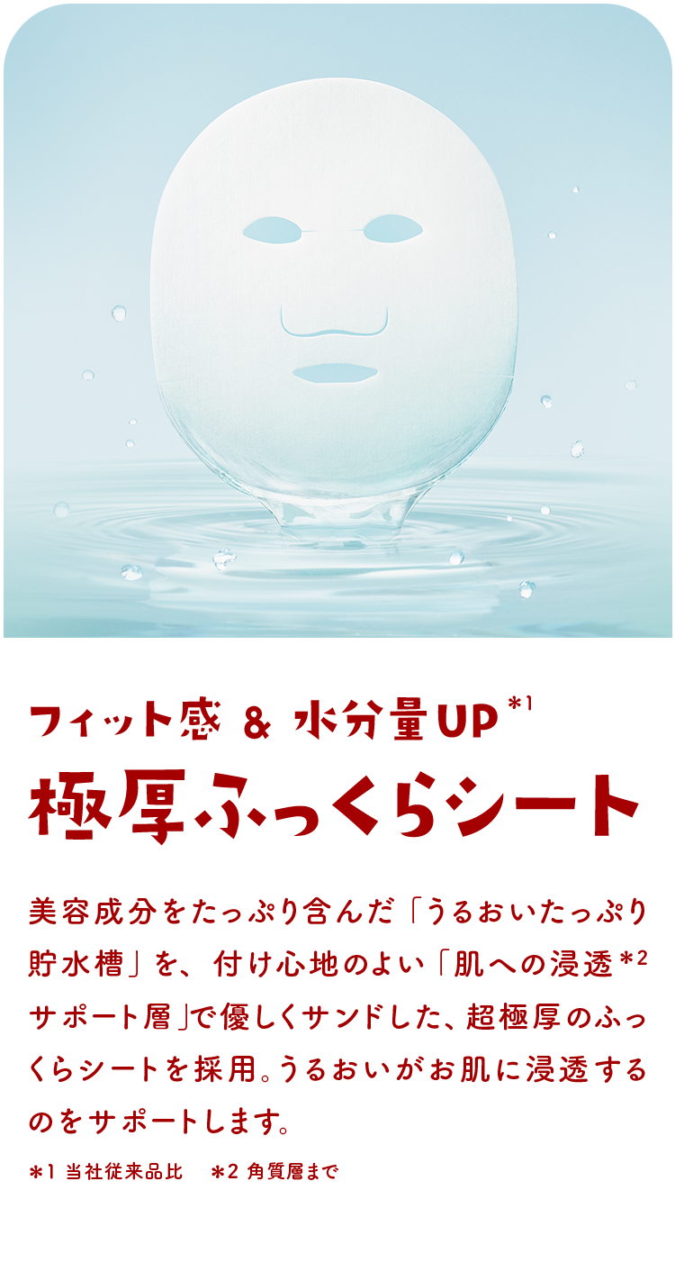 フィット感＆水分量UP※1 極厚ふっくらシート 美容成分をたっぷり含んだ「うるおいたっぷり貯水層」を、付け心地のよい「肌への浸透※2サポート層」で優しくサンドした、超極厚のふっくらシートを採用。うるおいがお肌に浸透するのをサポートします。※1 当社従来品比 ※2 角質層まで