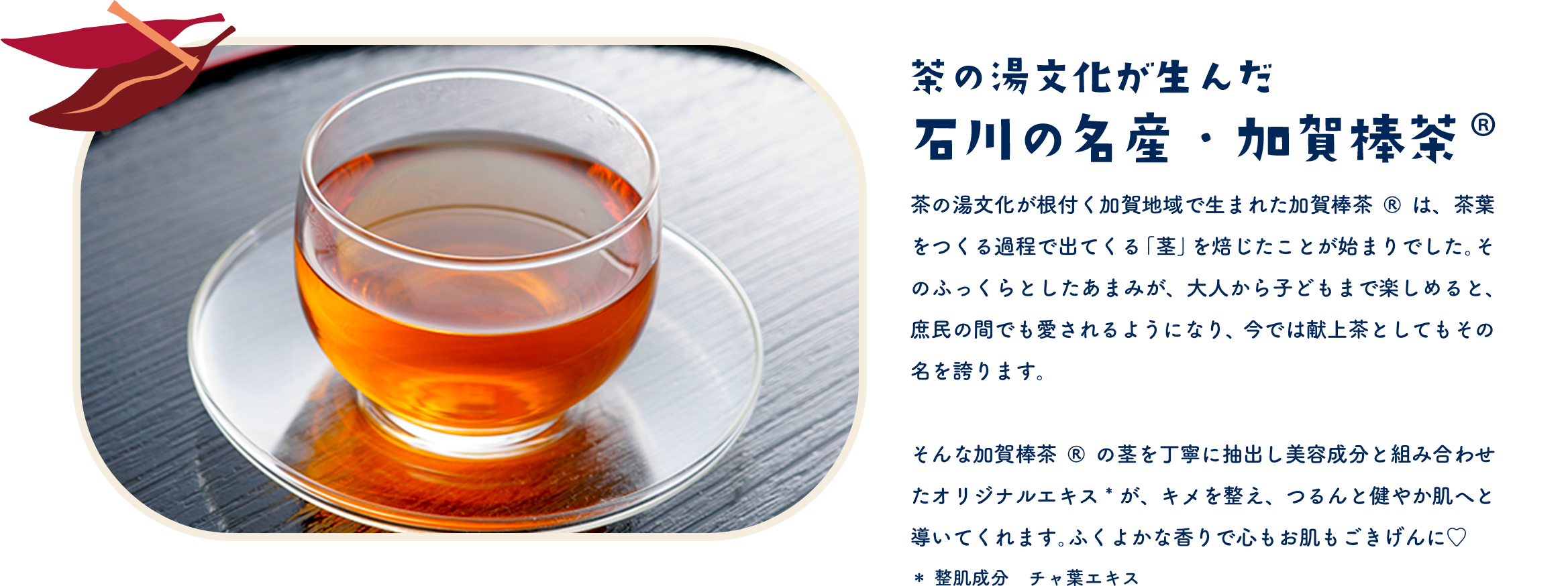 茶の湯文化が生んだ 石川の名産・加賀棒茶®　茶の湯文化が根付く加賀地域で生まれた加賀棒茶®は、茶葉をつくる過程で出てくる「茎」を焙じたことが起源とされ、そのふっくらとしたお茶ぶり、大人から子どもまで深く根づく石川県産の歴史が愛されてきました。今でも献上茶としてもその名を誇ります。そんな加賀棒茶®の茎を丁寧に焙じた美容成分上層から作られた加賀棒茶®エキス＊が、香ばしく、つるんと健やか肌へ導いてくれます。＊整肌成分　チャ葉エキス