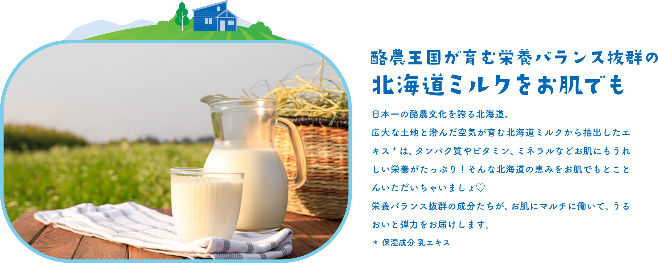 酪農王国が育む栄養バランス抜群の北海道ミルクをお肌でも 日本一の酪農文化を誇る北海道。広大な土地と澄んだ空気が育む北海道ミルクから抽出したエキス*は、タンパク質やビタミン、ミネラルなどお肌にもうれしい栄養がたっぷり！そんな北海道の恵みをお肌でもとことんいただいちゃいましょ♡栄養バランス抜群の成分たちが、お肌にマルチに働いて、うるおいと弾力をお届けします。＊ 保湿成分 乳エキス