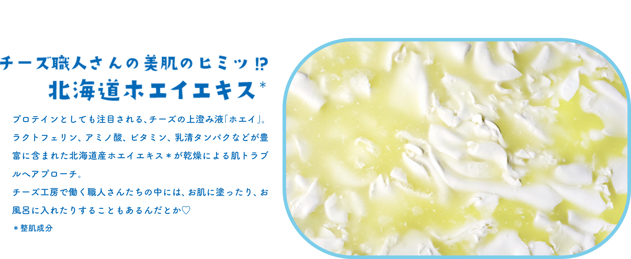 チーズ職人さんの美肌のヒミツ!?北海道ホエイエキス＊ プロテインとしても注目される、チーズの上澄み液「ホエイ」。ラクトフェリン、アミノ酸、ビタミン、乳清タンパクなどが豊富に含まれた北海道産ホエイエキス＊が乾燥による肌トラブルへアプローチ。チーズ工房で働く職人さんたちの中には、お肌に塗ったり、お風呂に入れたりすることもあるんだとか♡＊整肌成分