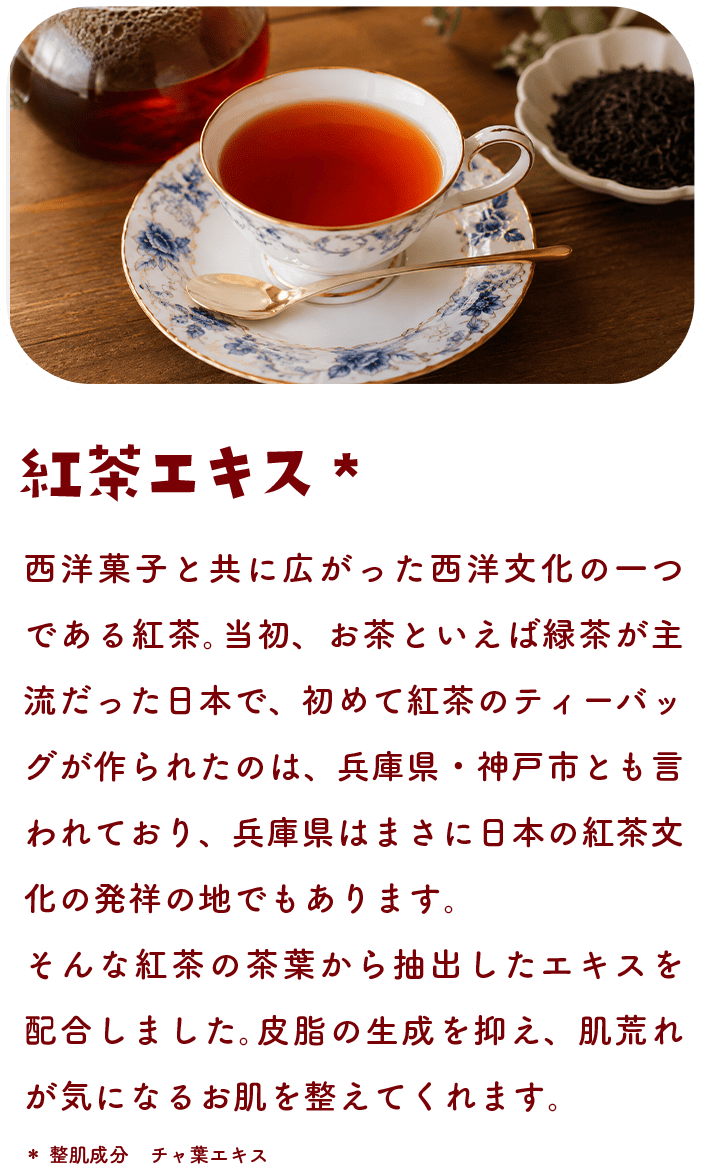 紅茶エキス 西洋菓子と共に広がった西洋文化の一つである紅茶。当初、お茶といえば緑茶が主流だった日本で、初めて紅茶のティーバッグが作られたのは、兵庫県・神戸市とも言われており、兵庫県はまさに日本の紅茶文化の発祥の地でもあります。そんな紅茶の茶葉から抽出したエキスを配合しました。皮脂の生成を抑え、肌荒れが気になるお肌を整えてくれます。＊整肌成分 チャ葉エキス