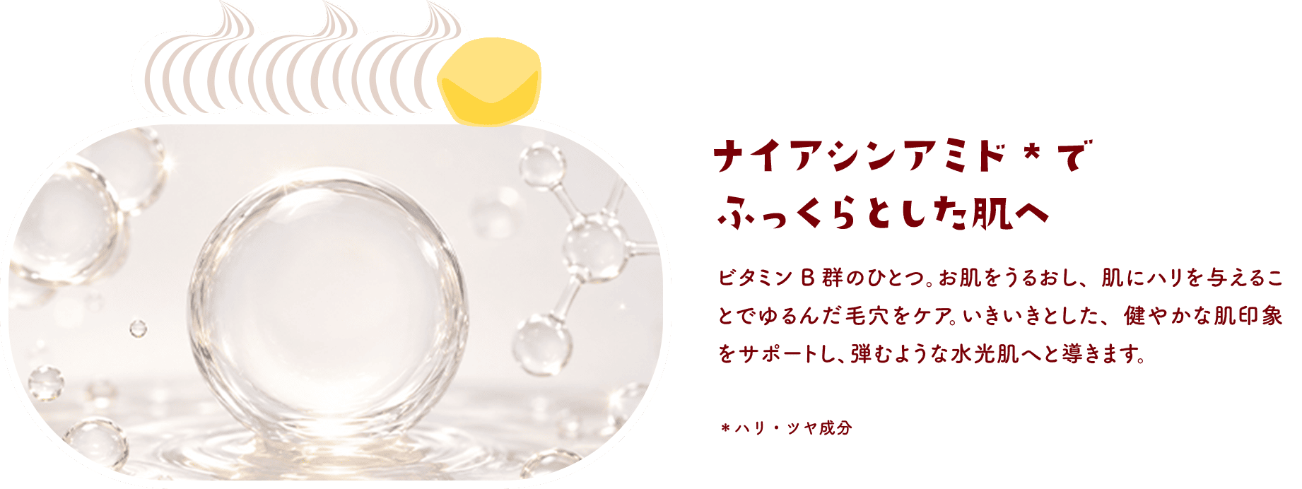ナイアシンアミドでふっくらとした肌へ ビタミンB群のひとつ。お肌をうるおし、肌にハリを与えることでゆるんだ毛穴をケア。いきいきとした、健やかな肌印象をサポートし、弾むような水光肌へと導きます。＊ハリ・ツヤ成分