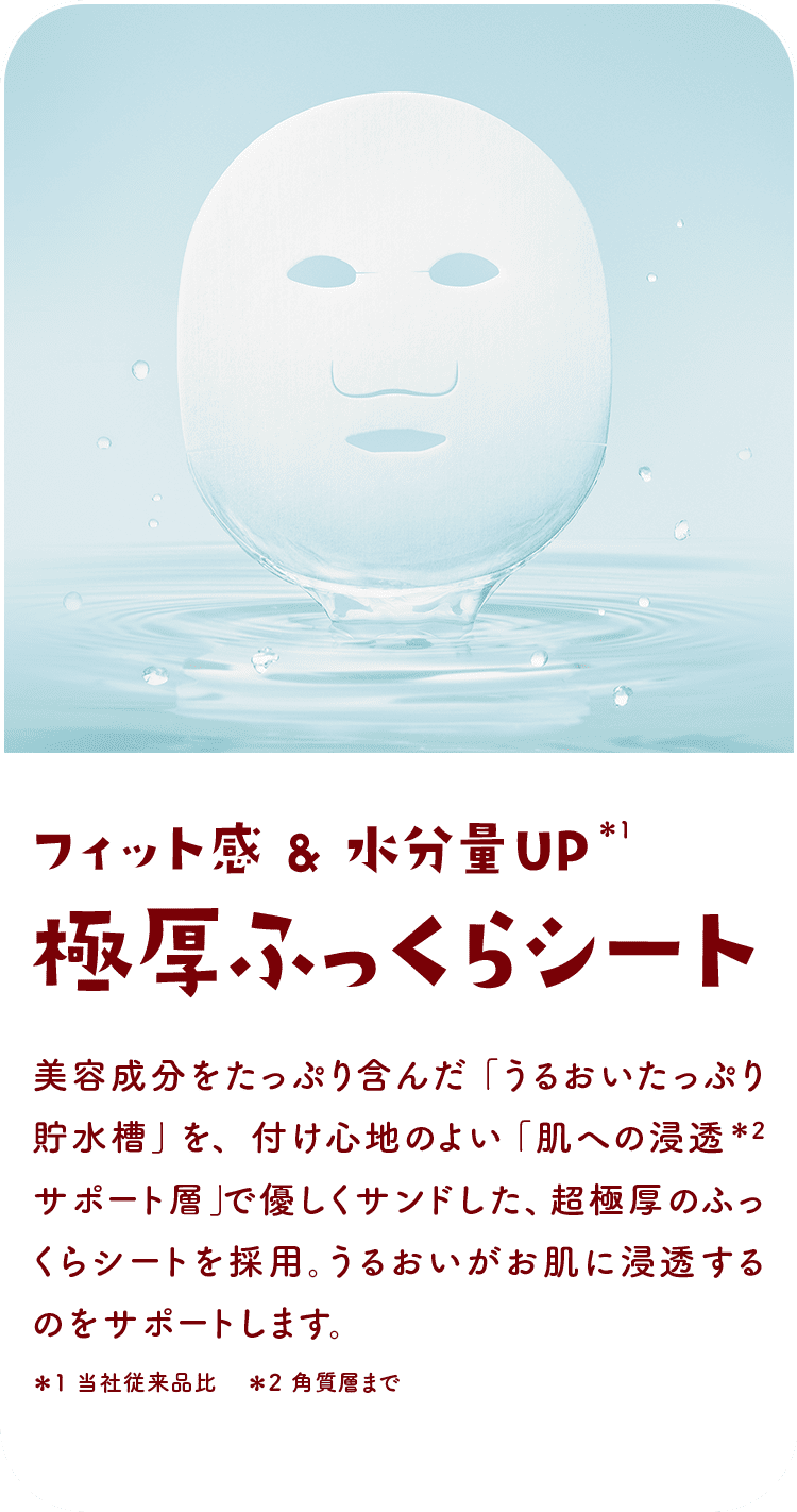 フィット感＆水分量UP 極厚ふっくらシート 美容成分をたっぷり含んだ「うるおいたっぷり貯水層」を、付け心地のよい「肌への浸透サポート層」で優しくサンドした、超極厚のふっくらシートを採用。うるおいがお肌に浸透するのをサポートします。＊1当社従来品比 ＊2角質層まで