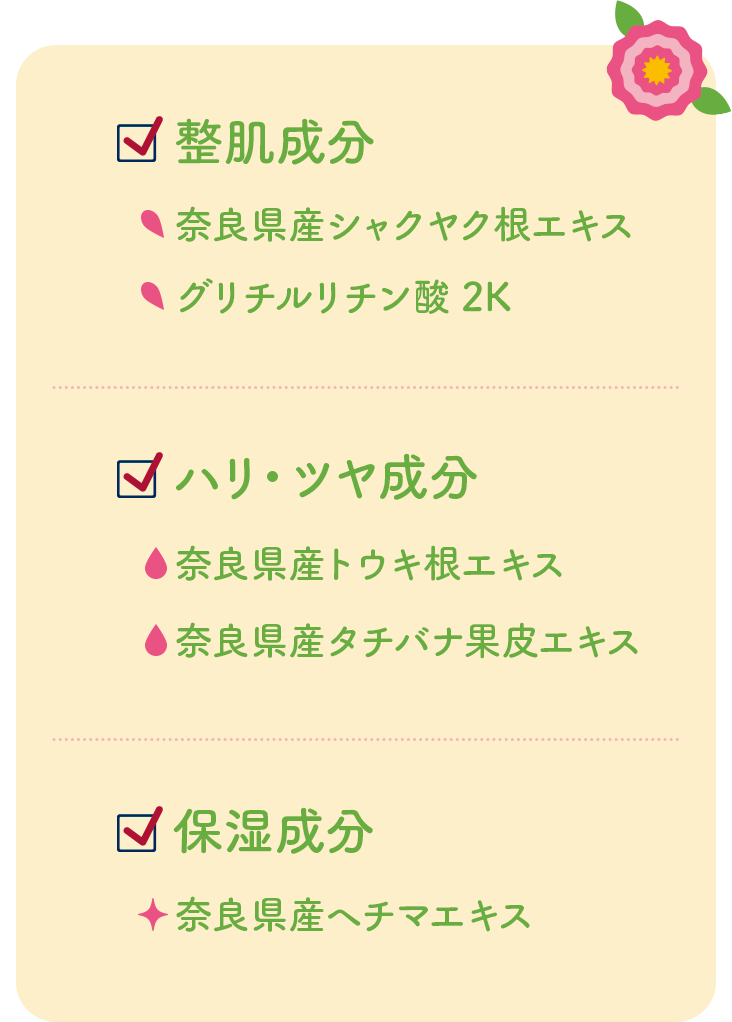 整肌成分：奈良県産シャクヤク根エキス、グリチルリチン酸2K　ハリ・ツヤ成分：奈良県産トウキ根エキス、奈良県産タチバナ果皮エキス　保湿成分：奈良県産ヘチマエキス