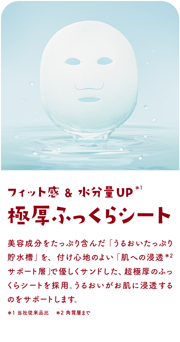 フィット感&水分量UP＊1 極厚ふっくらシート　美容成分をたっぷり含んだ「うるおいたっぷり貯水槽」を、付け心地のよい「肌への浸透＊2 サポート層」で優しくサンドした、超極厚のふっくらシートを採用。うるおいがお肌に浸透するのをサポートします。＊1 当社従来品比　＊2 角質層まで