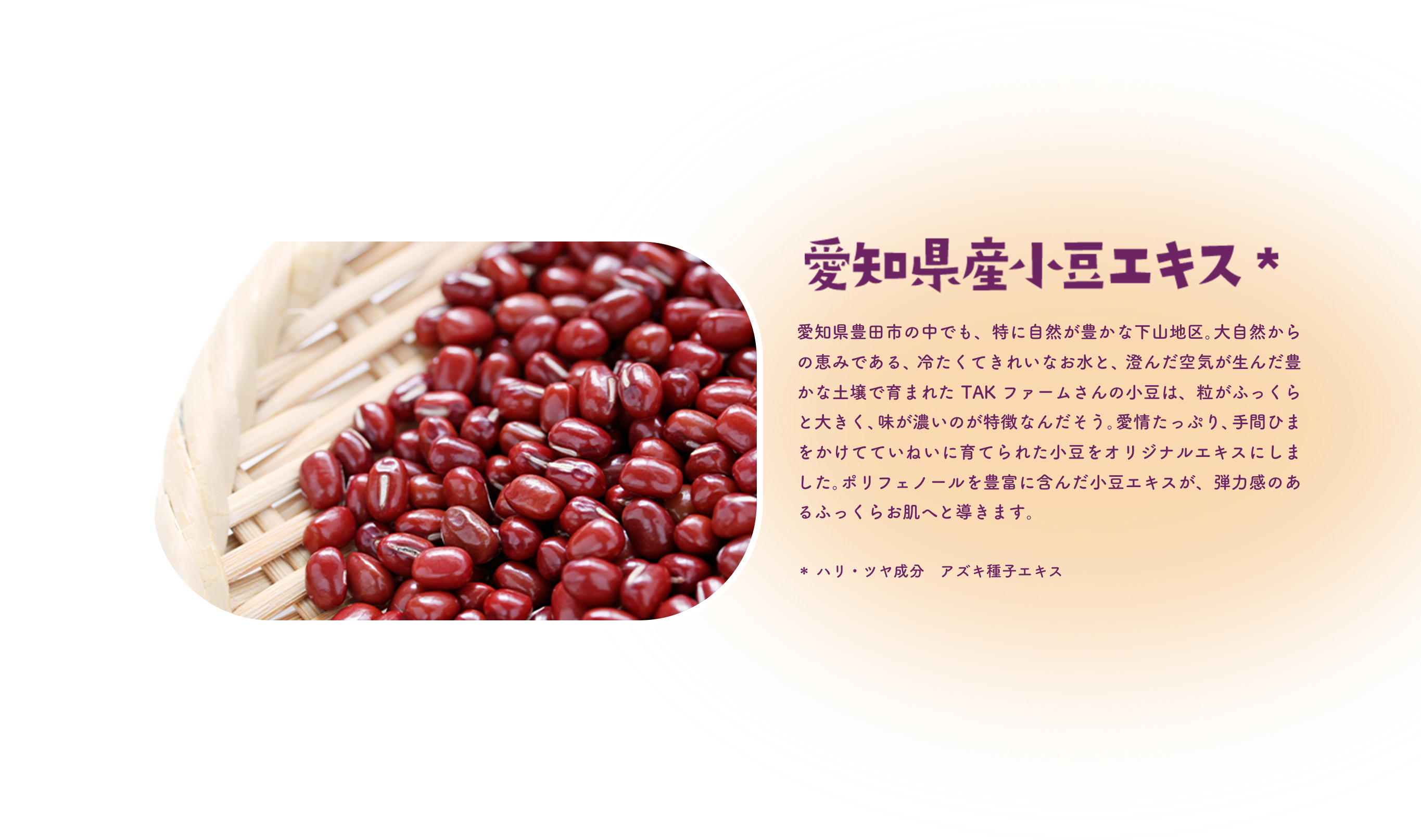 愛知県産・小豆エキス★ 愛知県豊田市の中でも、特に自然が豊かな下山地区。大自然からの恵みである、冷たくてきれいなお水と、澄んだ空気が生んだ豊かな土壌で育まれたTAKファームさんの小豆は、粒がふっくらと大きく、味が濃いのが特徴なんだそう。愛情たっぷり、手間ひまをかけてていねいに育てられた小豆をオリジナルエキスにしました。ポリフェノールを豊富に含んだ小豆エキスが、弾力感のあるふっくら肌へと導きます。★ハリ・ツヤ成分 アズキ種子エキス