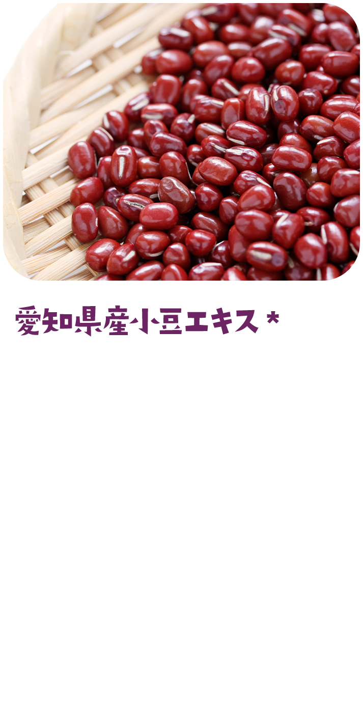 愛知県産・小豆エキス★ 愛知県豊田市の中でも、特に自然が豊かな下山地区。大自然からの恵みである、冷たくてきれいなお水と、澄んだ空気が生んだ豊かな土壌で育まれたTAKファームさんの小豆は、粒がふっくらと大きく、味が濃いのが特徴なんだそう。愛情たっぷり、手間ひまをかけてていねいに育てられた小豆をオリジナルエキスにしました。ポリフェノールを豊富に含んだ小豆エキスが、弾力感のあるふっくら肌へと導きます。★ハリ・ツヤ成分 アズキ種子エキス