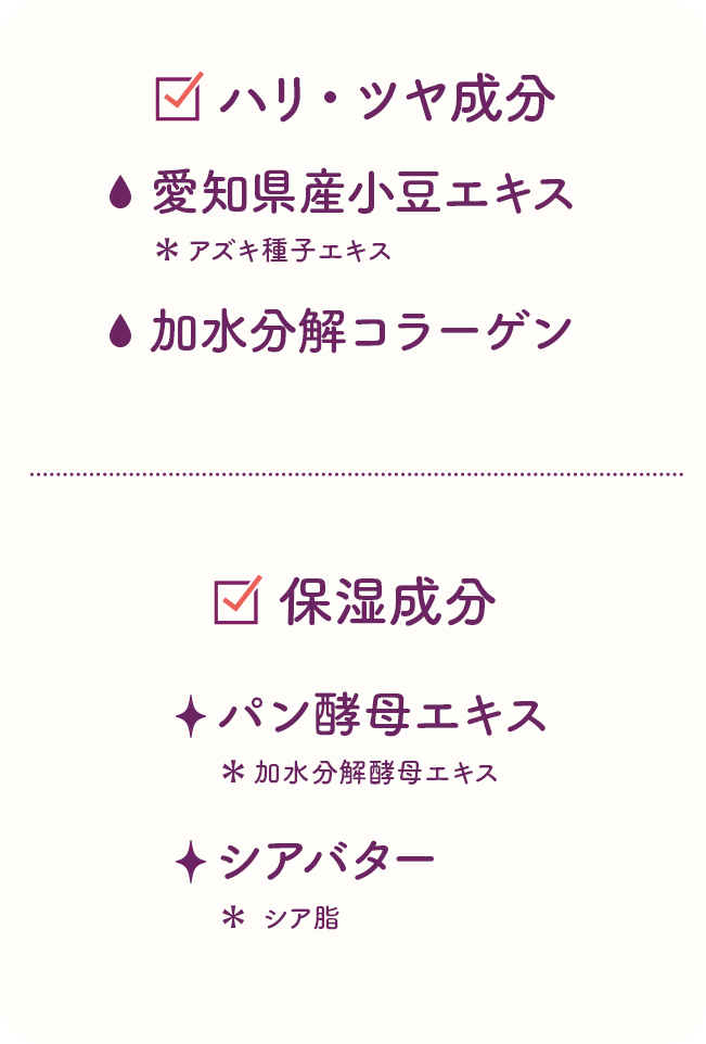 ハリ・ツヤ成分：愛知県産小豆エキス（アズキ種子エキス）、加水分解コラーゲン／保湿成分：パン酵母エキス（加水分解酵母エキス）、シアバター（シア脂）