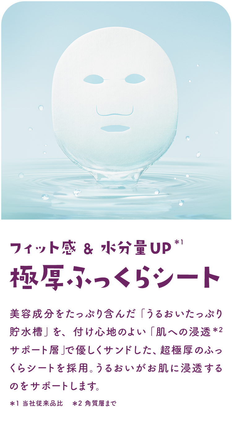 フィット感＆水分量UP※1 極厚ふっくらシート 美容成分をたっぷり含んだ「うるおいたっぷり貯水層」を、付け心地のよい「肌への浸透※2サポート層」で優しくサンドした、超極厚のふっくらシートを採用。うるおいがお肌に浸透するのをサポートします。※1 当社従来品比 ※2 角質層まで