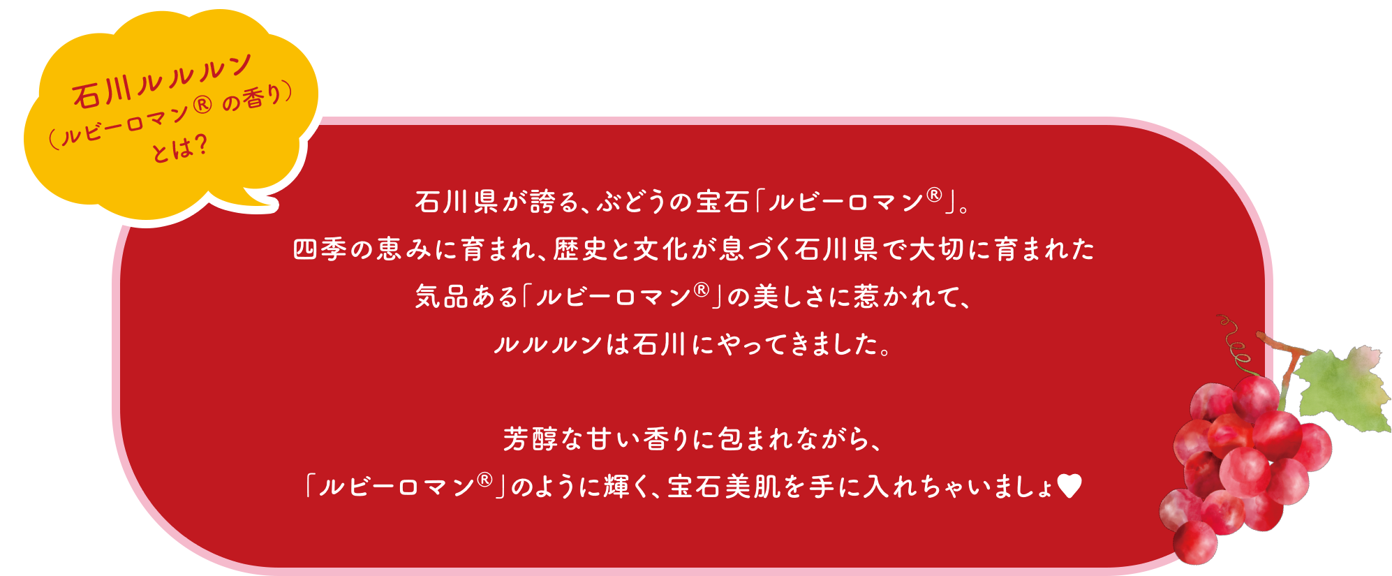石川ルルルン（ルビーロマン®の香り）とは？ 石川県が誇る、ぶどうの宝石「ルビーロマン®」。四季の恵みに育まれ、歴史と文化が息づく石川県で大切に育まれた気品ある「ルビーロマン®」の美しさに惹かれて、ルルルンは石川にやってきました。芳醇な甘い香りに包まれながら、「ルビーロマン®」のように輝く、宝石美肌を手に入れちゃいましょ♥