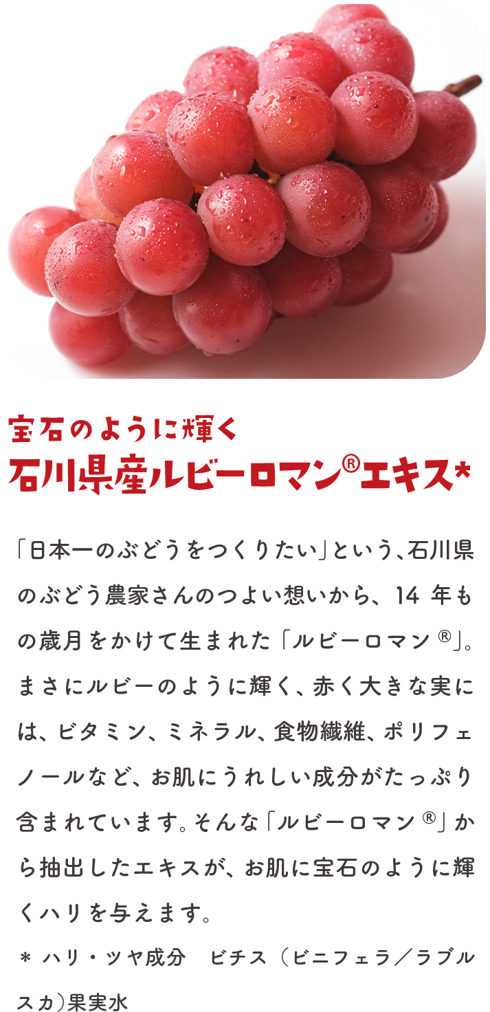 宝石のように輝く 石川県産ルビーロマン®エキス＊ 「日本一のぶどうをつくりたい」という、石川県のぶどう農家さんのつよい想いから、14年もの歳月をかけて生まれた「ルビーロマン®」。まさにルビーのように輝く、赤く大きな実には、ビタミン、ミネラル、食物繊維、ポリフェノールなど、お肌にうれしい成分がたっぷり含まれています。そんな「ルビーロマン®」から抽出したエキスが、お肌に宝石のように輝くハリを与えます。 ＊ハリ・ツヤ成分 ビチス（ビニフェラ／ラブルスカ）果実水