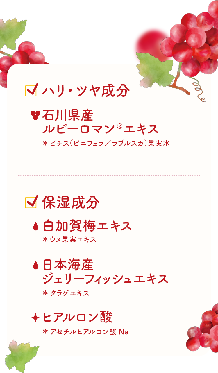 ハリ・ツヤ成分 石川県産ルビーロマン®エキス ＊ビチス（ビニフェラ／ラブルスカ）果実水 保湿成分 白加賀梅エキス ＊ウメ果実エキス 日本海産ジェリーフィッシュエキス ＊クラゲエキス ヒアルロン酸 ＊アセチルヒアルロン酸Na