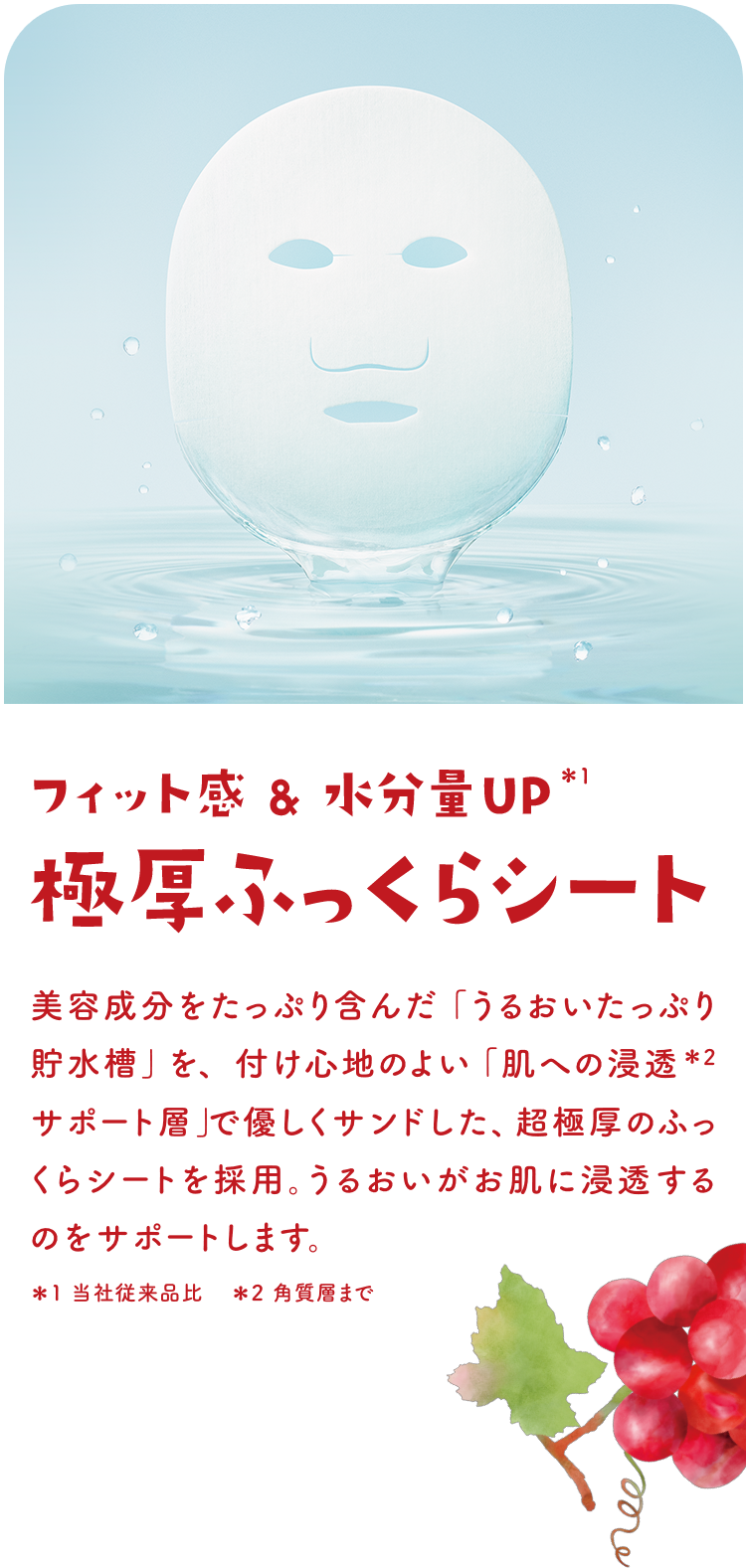 フィット感＆水分量UP＊1 極厚ふっくらシート 美容成分をたっぷり含んだ「うるおいたっぷり貯水層」を、付け心地のよい「肌への浸透＊2サポート層」で優しくサンドした、超極厚のふっくらシートを採用。うるおいがお肌に浸透するのをサポートします。 ＊1 当社従来品比 ＊2 角質層まで