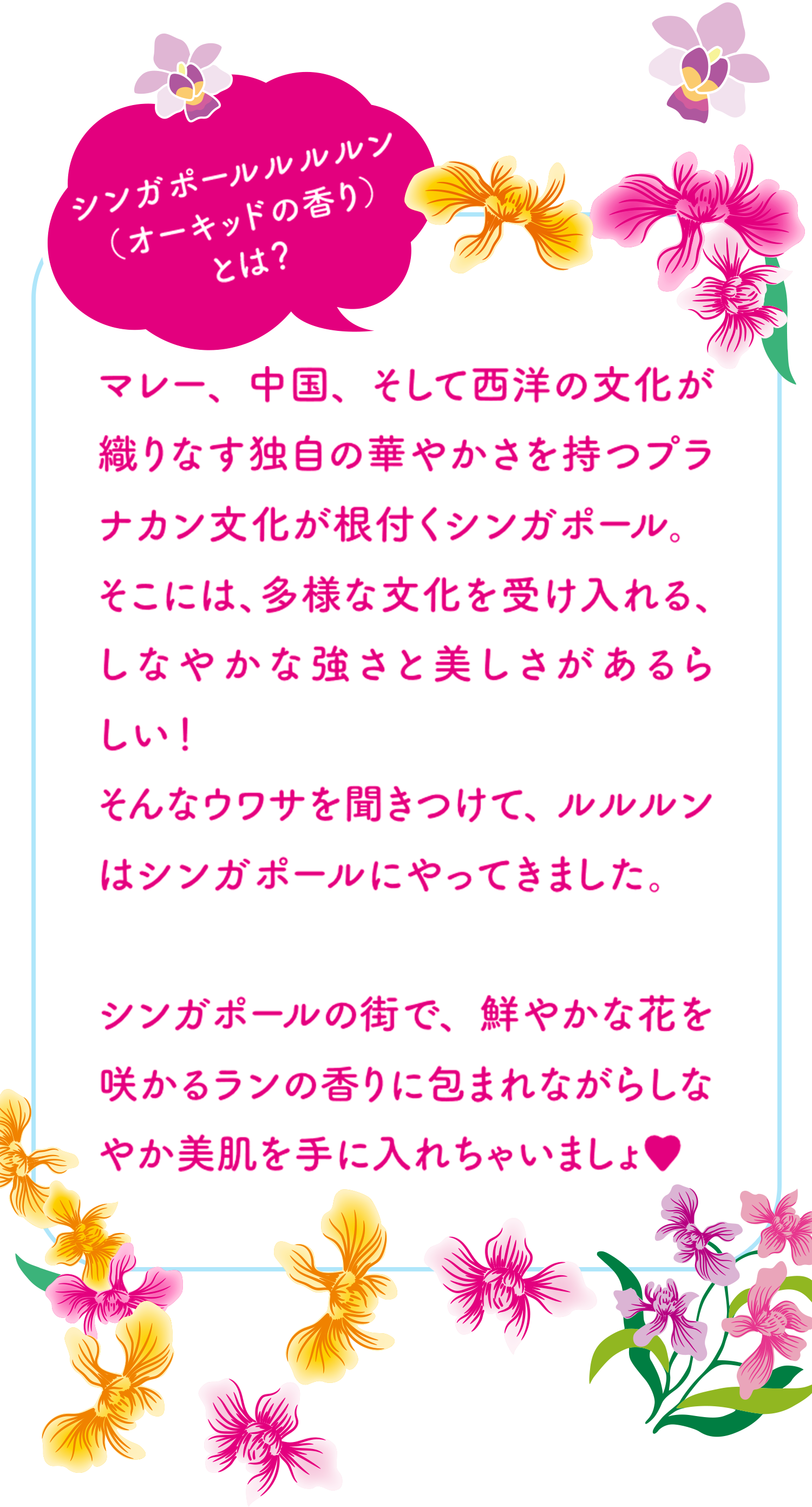マレー、中国、そして西洋の文化が織りなす独自の華やかさを持つプラナカン文化が根付くシンガポール。そこには、多様な文化を受け入れる、しなやかな強さと美しさがあるらしい！そんなウワサを聞きつけて、ルルルンはシンガポールにやってきました。シンガポールの街で、鮮やかな花を咲かるランの香りに包まれながらしなやか美肌を手に入れちゃいましょ♥