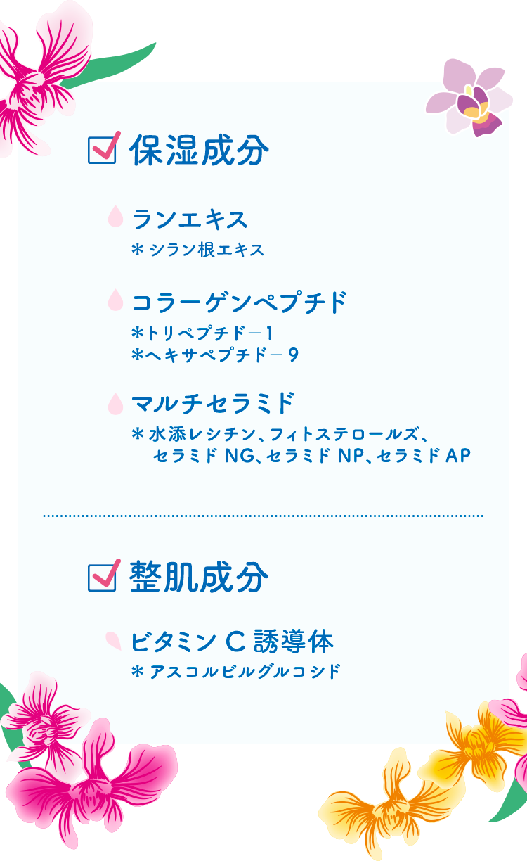 保湿成分 ランエキス(＊ シラン根エキス) コラーゲンペプチド(＊トリペプチド－１ ＊ヘキサペプチド－９) マルチセラミド(＊ 水添レシチン、フィトステロールズ、     セラミドNG、セラミドNP、セラミドAP) | 整肌成分 ビタミンC誘導体(＊ アスコルビルグルコシド)