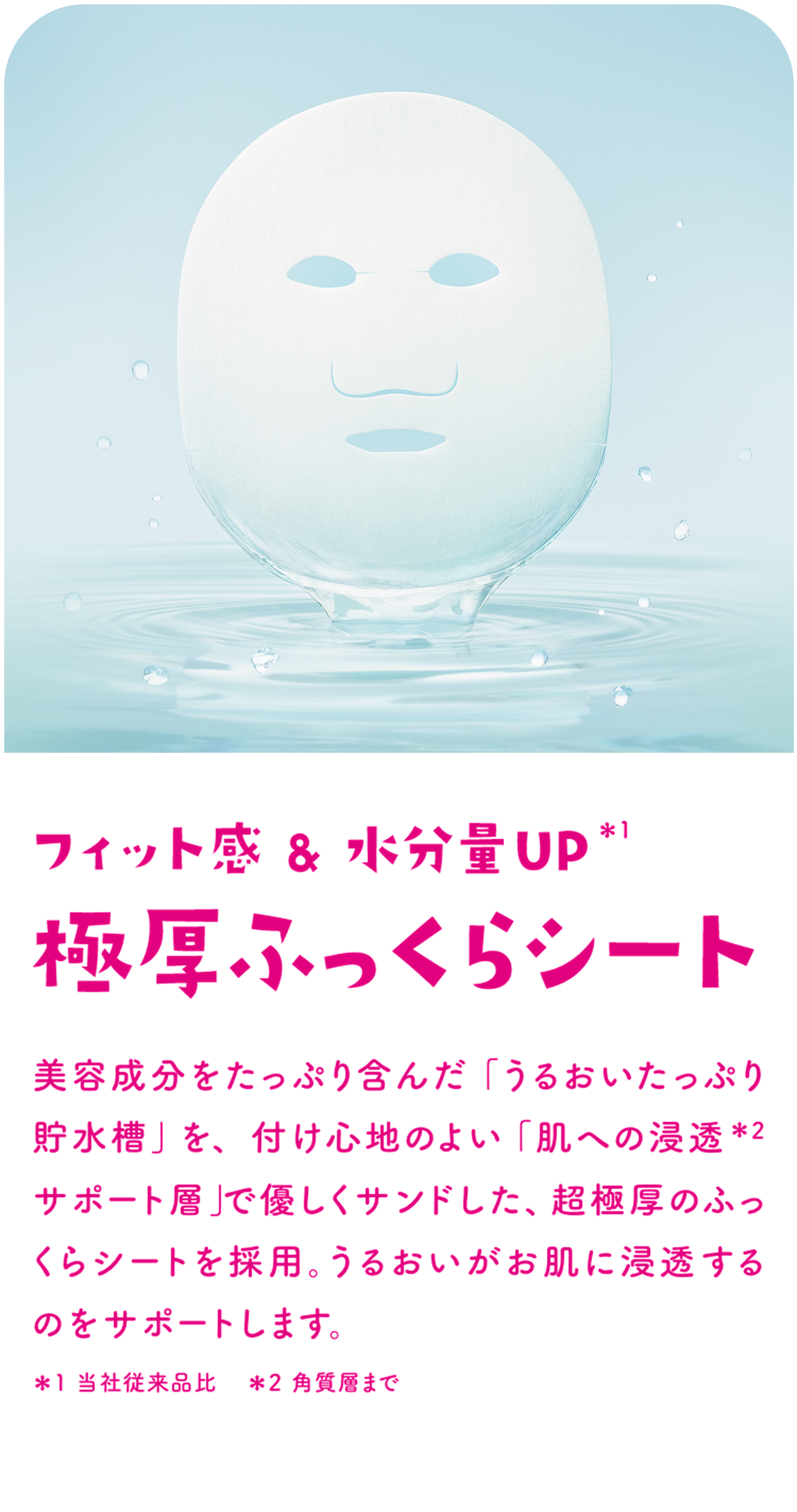 フィット感 & 水分量UP＊1 極厚ふっくらシート 美容成分をたっぷり含んだ「うるおいたっぷり貯水槽」を、付け心地のよい「肌への浸透＊2 サポート層」で優しくサンドした、超極厚のふっくらシートを採用。うるおいがお肌に浸透するのをサポートします。＊1 当社従来品比　＊2 角質層まで