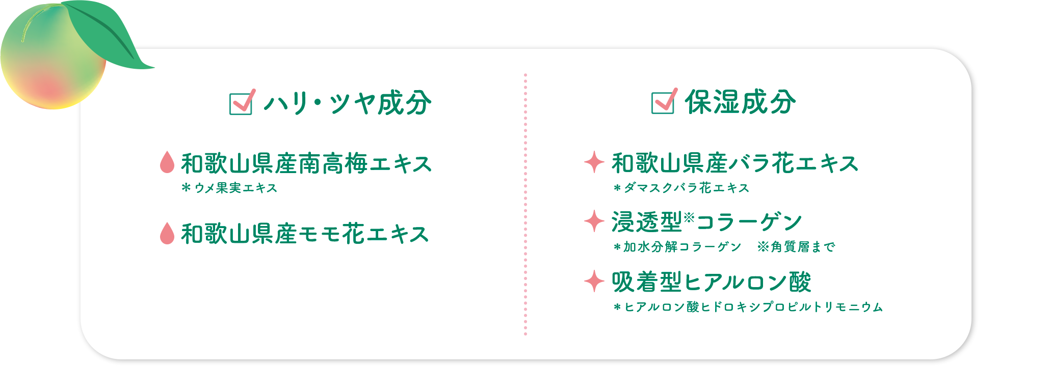 ハリ・ツヤ成分：和歌山県産南高梅エキス＊ウメ果実エキス、和歌山県産モモ花エキス　保湿成分：和歌山県産バラ花エキス＊ダマスクバラ花エキス、浸透型※コラーゲン＊加水分解コラーゲン ※角質層まで、吸着型ヒアルロン酸＊ヒアルロン酸ヒドロキシプロピルトリモニウム