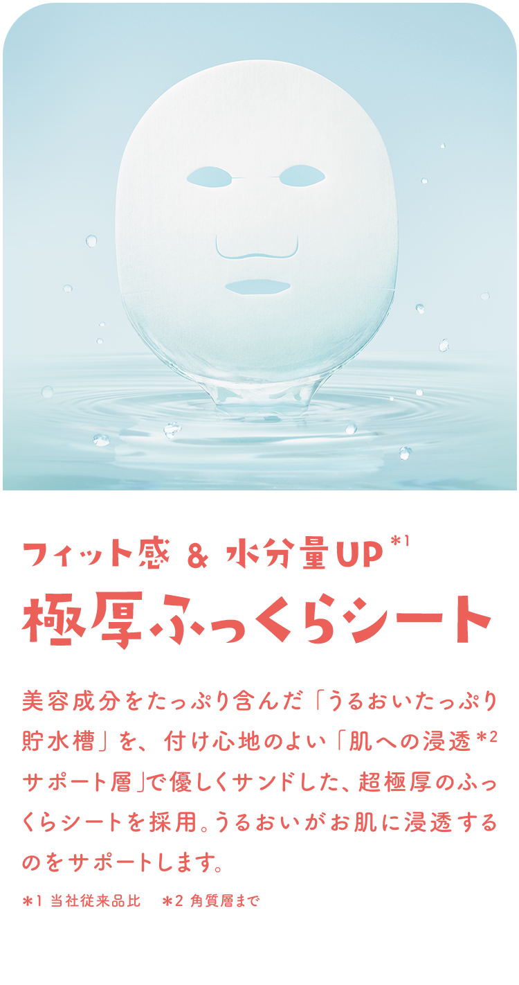 フィット感&水分量UP＊1 極厚ふっくらシート　美容成分をたっぷり含んだ「うるおいたっぷり貯水槽」を、付け心地のよい「肌への浸透＊2 サポート層」で優しくサンドした、超極厚のふっくらシートを採用。うるおいがお肌に浸透するのをサポートします。＊1 当社従来品比　＊2 角質層まで