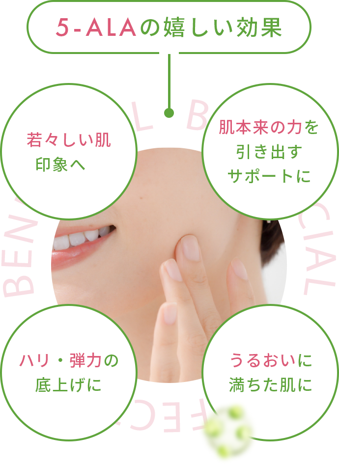 5-ALAの嬉しい効果 若々しい肌 印象へ 肌本来の力を 引き出す サポートに ハリ・弾力の 底上げに うるおいに 満ちた肌に